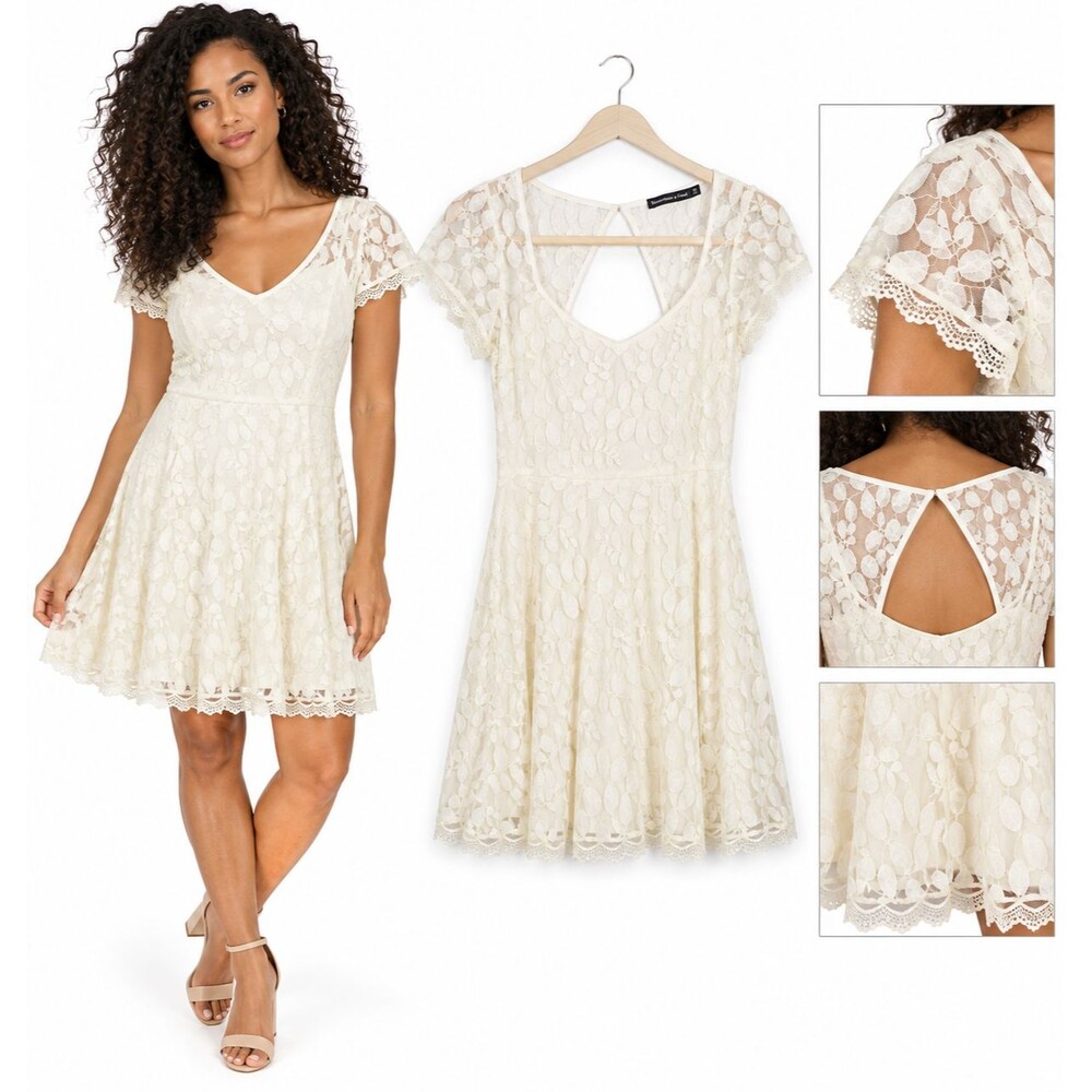 New Abercrombie & Fitch Ivory Lace Fit Flare Mini Dress Size Medium Open Back